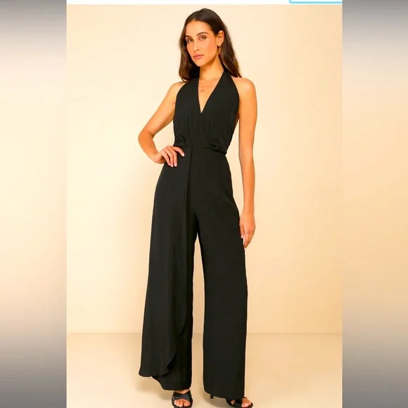 Lulus Inspiring Sultriness Black Textured Halter Backless Jumpsuit